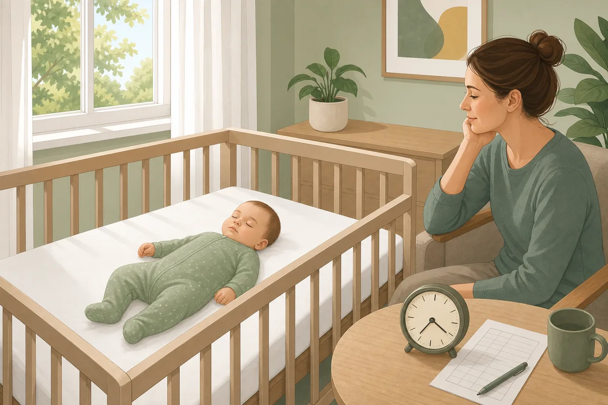 Illustration eines sicher auf dem Rücken schlafenden Babys mit beobachtender Mutter, Uhr und Schlafprotokoll