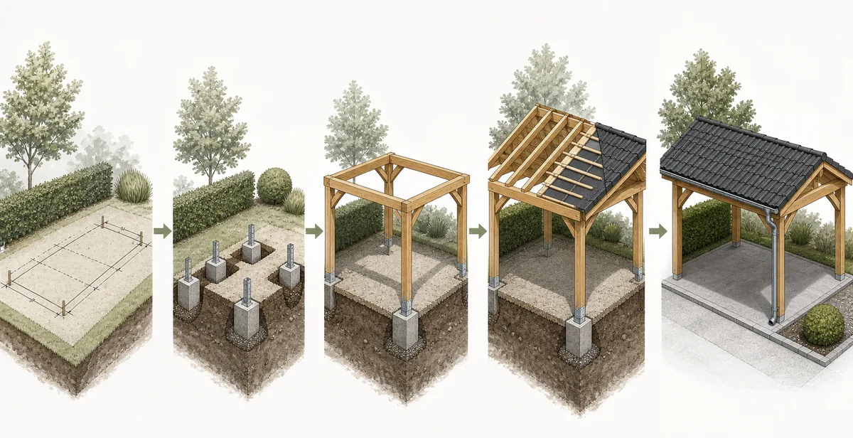 Fünf Bauphasen eines Holzcarports von Aufmaß und Punktfundamenten bis Dach und Regenrinne
