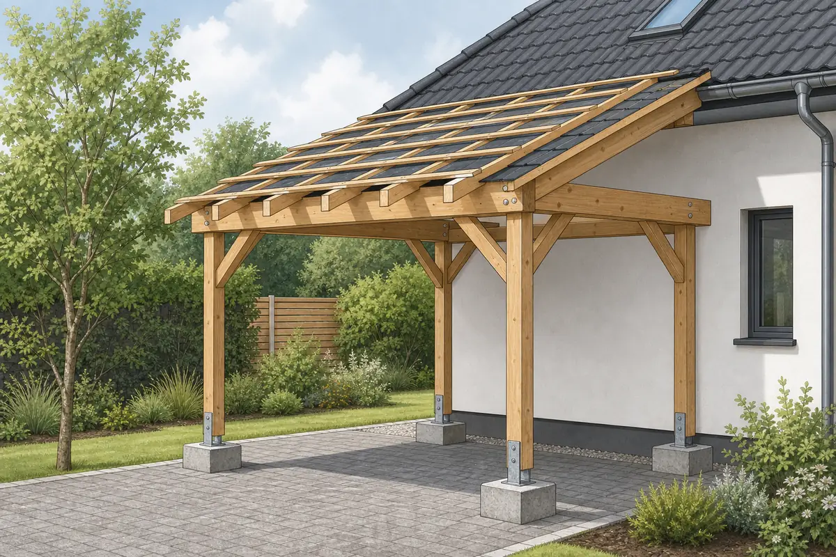 Holzcarport mit Punktfundamenten, Pfostenträgern und sichtbarer Dachkonstruktion im Aufbau