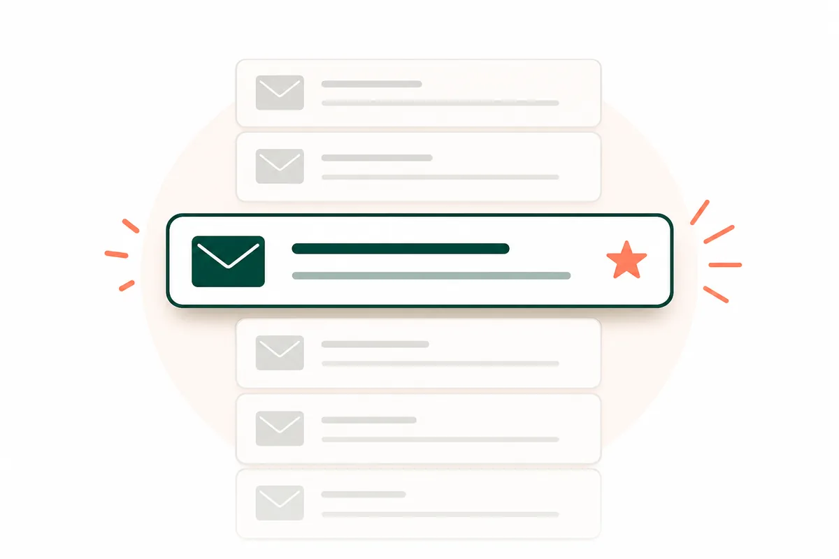Eine klare E-Mail-Betreffzeile hebt sich in einem geordneten Posteingang von vagen Nachrichten ab