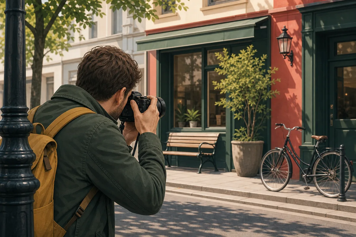 Hobbyfotograf komponiert bewusst ein Straßenmotiv mit Fahrrad, Bank und klarer Lichtführung