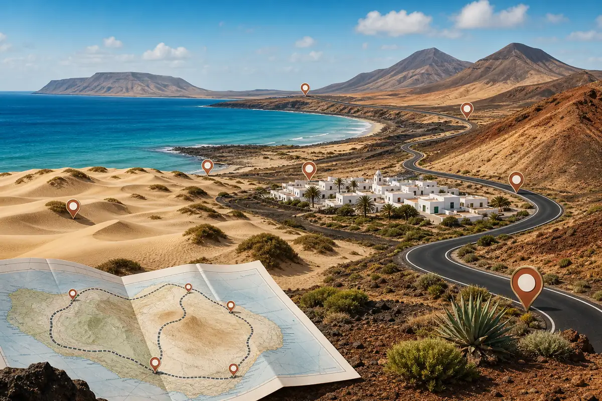 Illustrierte Fuerteventura Route zwischen Duenen, Atlantikkueste, Vulkanbergen und weissem Dorf