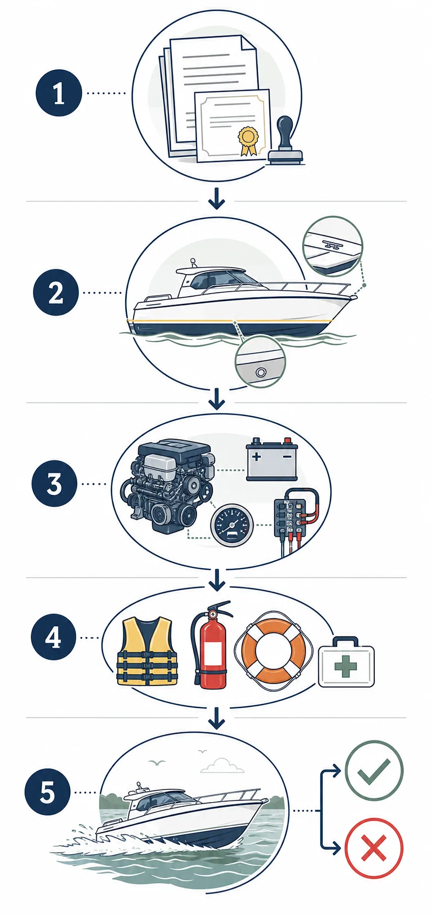 Fünfstufiger Prüfablauf für ein Gebrauchtboot von Unterlagen über Technik und Sicherheit bis zur Probefahrt