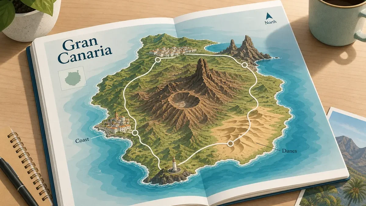 Editoriale Gran-Canaria-Reiseplanung mit Route zwischen Duenen, Bergen, Kueste und Reisefuehrer
