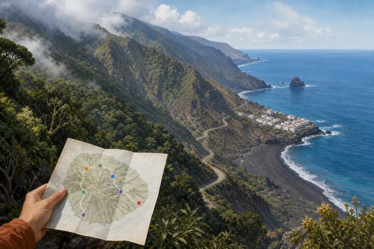 La Gomera Route durch Lorbeerwald, Vulkanberge, Kuestendorf und schwarzen Strand