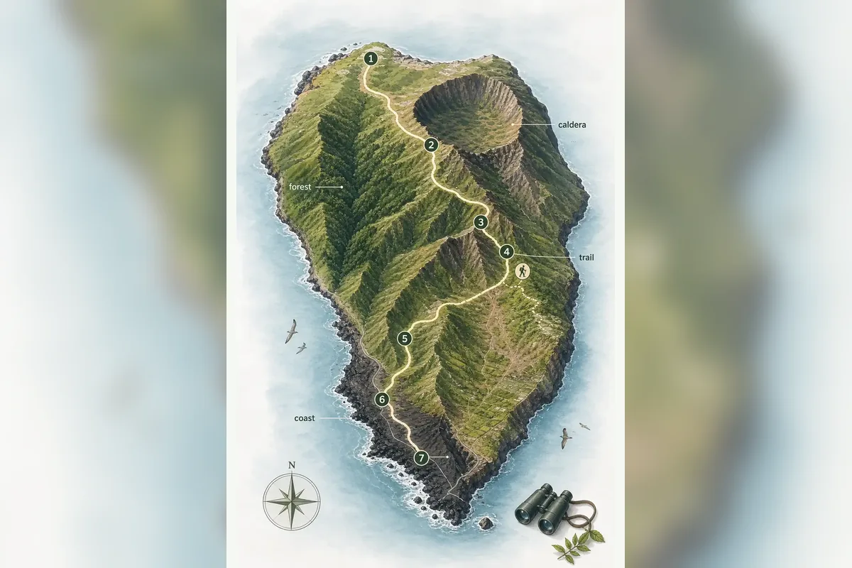 Editoriale La-Palma-Karte mit Vulkanroute, Lorbeerwald, Caldera-Aussichtspunkt und Kuestenstopps fuer eine 7-Tage-Reise
