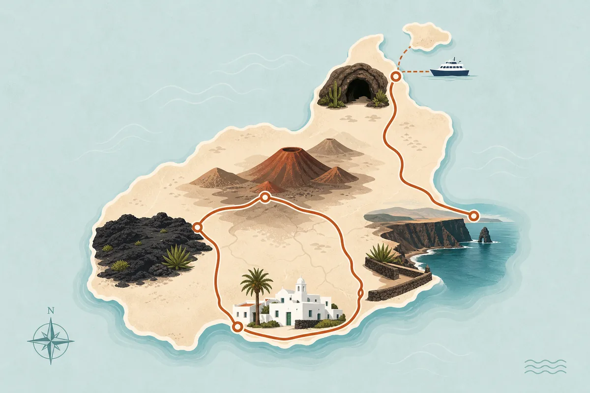 Editoriale Lanzarote-Karte mit Vulkanlandschaft, Lavakueste, weissen Doerfern, Hoehle und Faehrroute nach La Graciosa