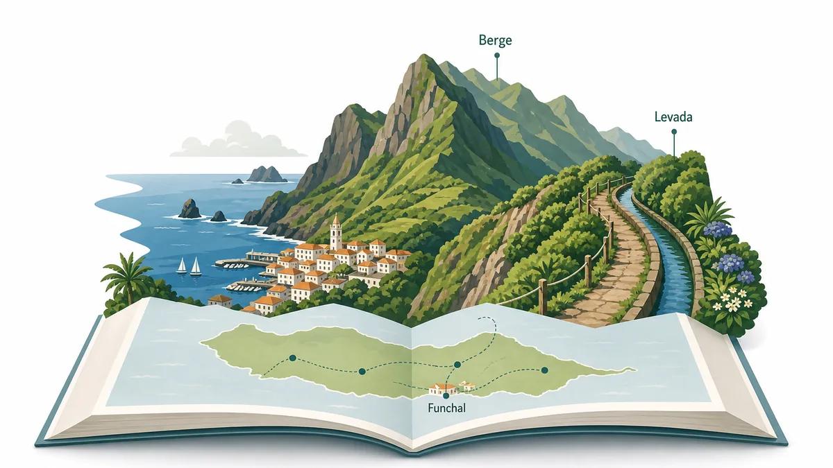 Editoriale Madeira-Reiseplanung mit Karte, Bergen, Levada-Weg und Kuestenblick fuer eine 7-Tage-Route