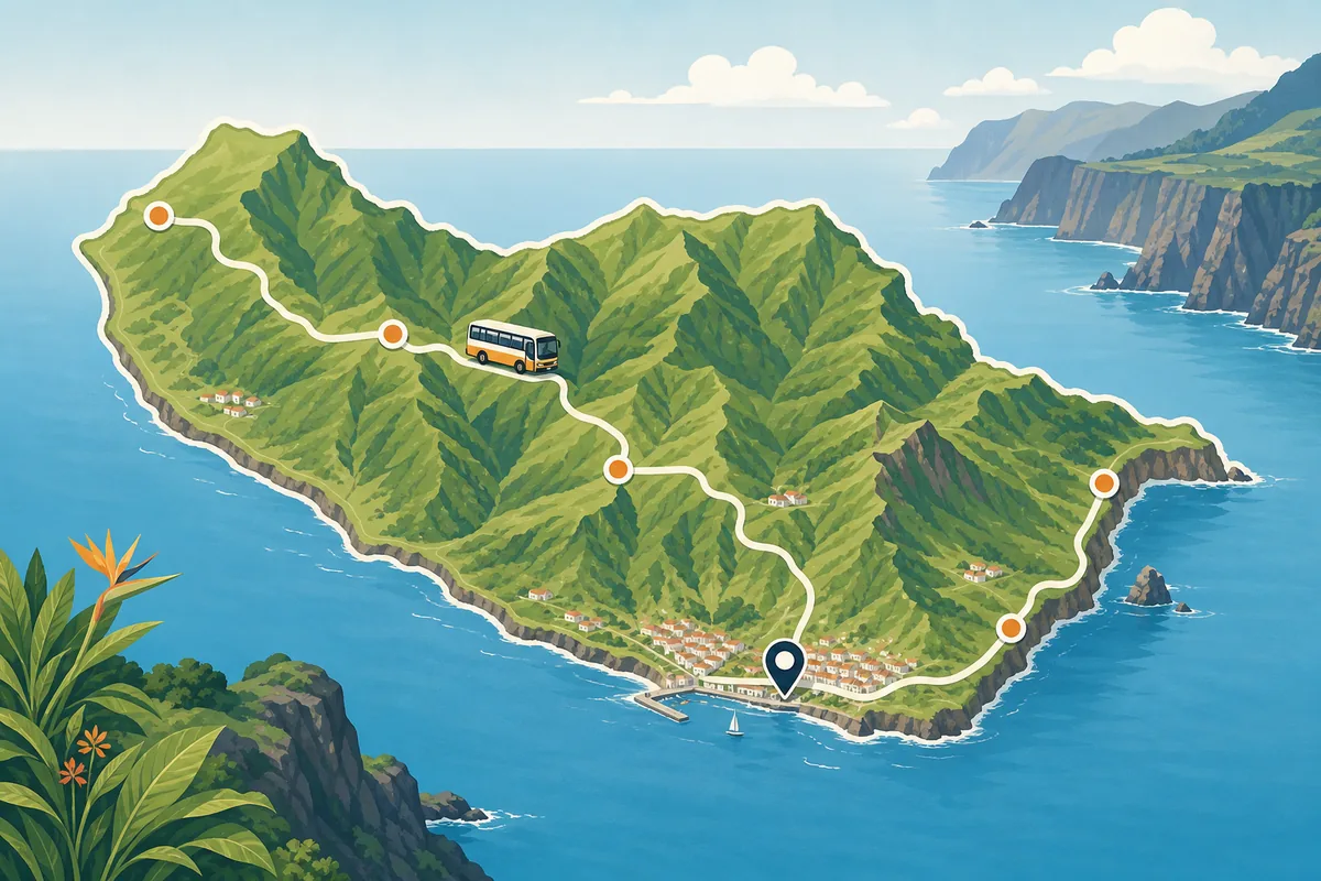 Editoriale Madeira-Karte mit Busroute zwischen Funchal, Kueste und gruenem Bergland