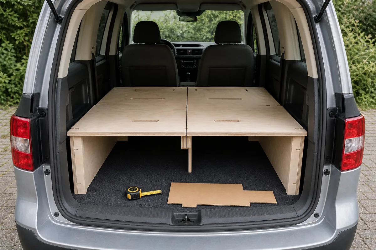 Modulares Holzbett im Heck eines kompakten Hochdachkombis mit Massband und Schablone