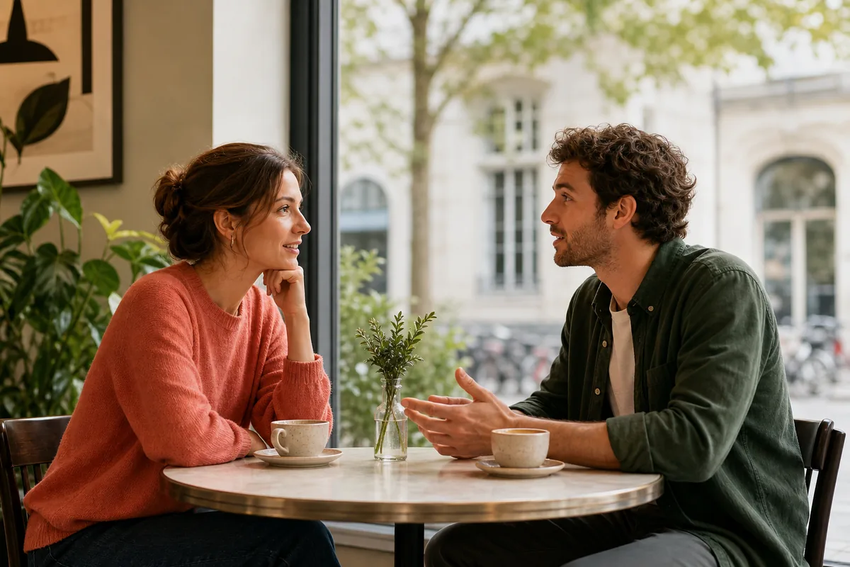 Zwei Erwachsene führen in einem Café ein aufmerksames und entspanntes Gespräch