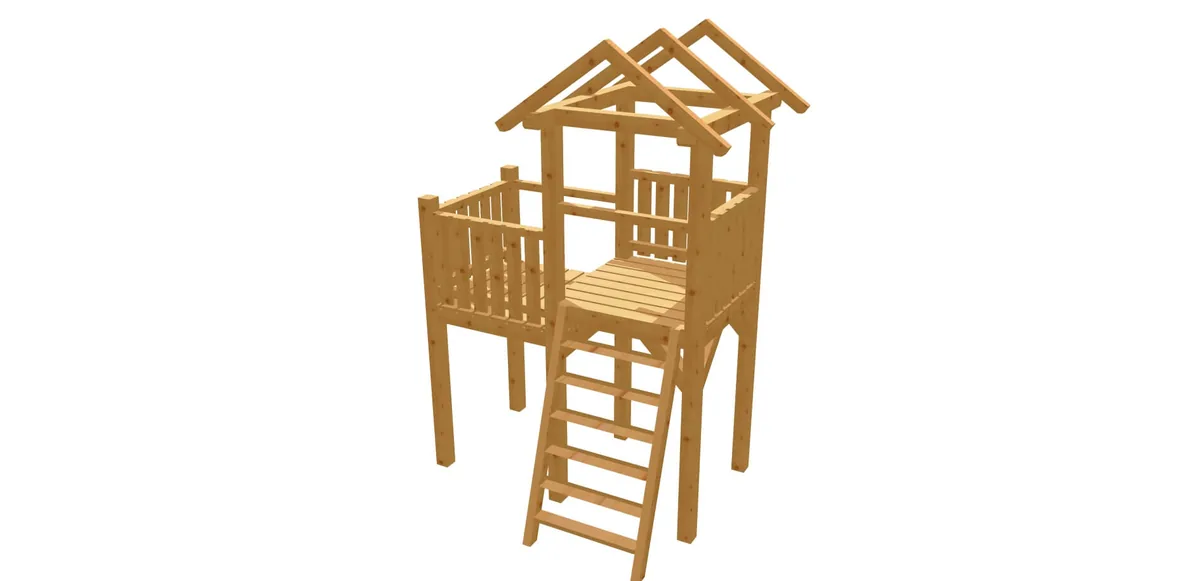Dreidimensionale Holzkonstruktion eines Spielturms zur Prüfung von Podesten, Geländern, Leiter und Dach