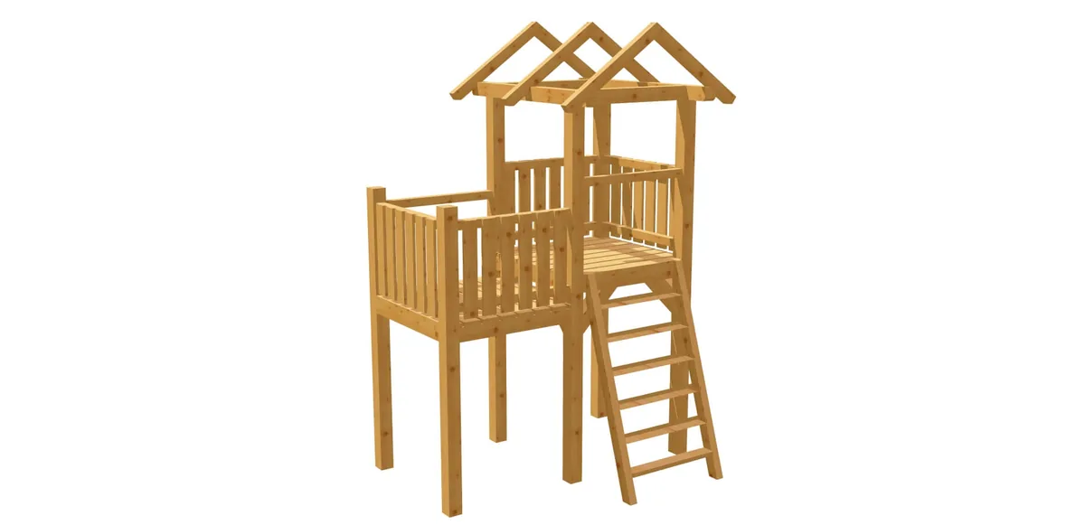 Holzkonstruktion eines Spielturms mit zwei Podesten, Geländern, Leiter und Satteldach
