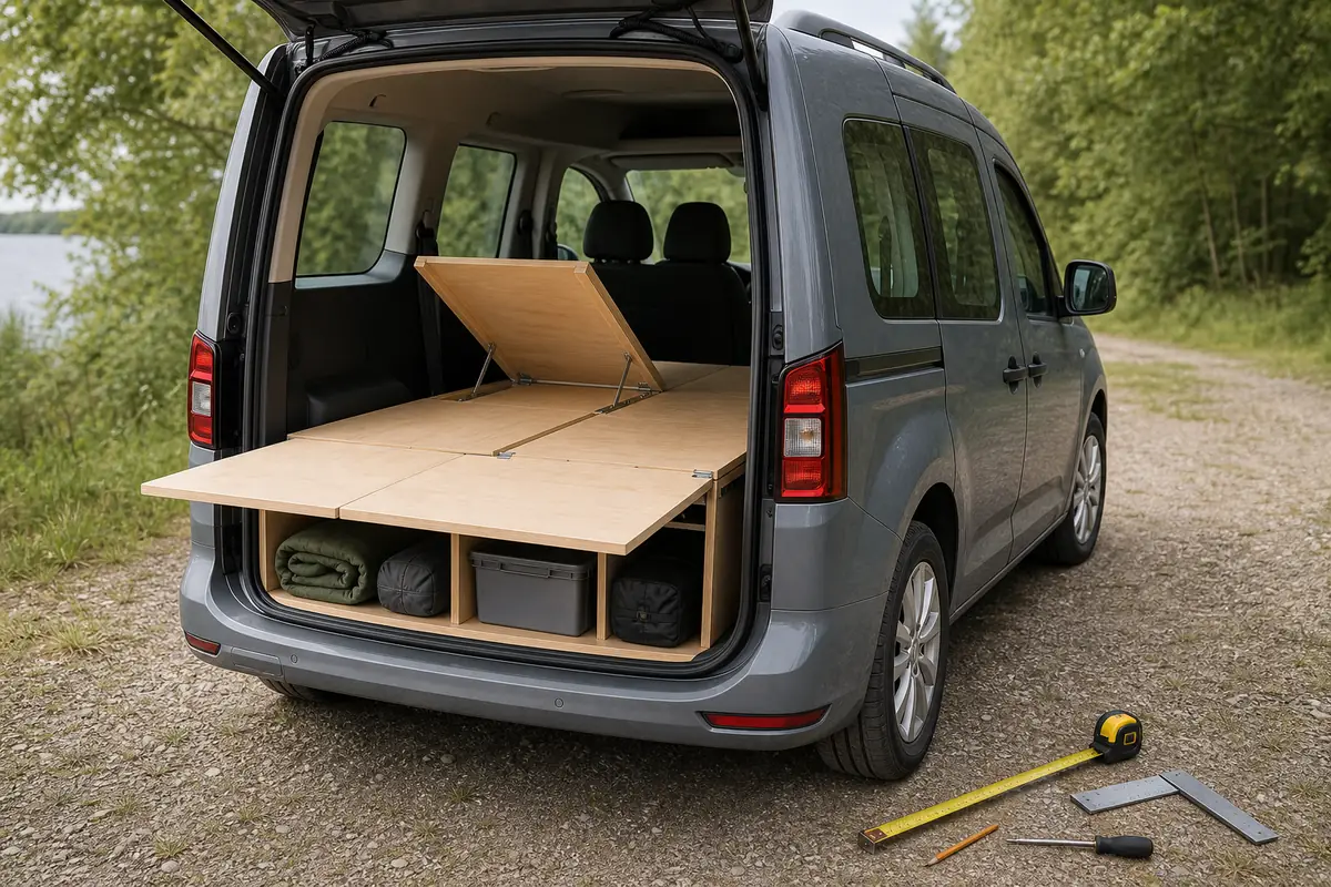 Geoeffneter Hochdachkombi mit teilweise ausgeklapptem Holz-Kombibett und Stauraum