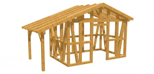 Holzrahmen eines Gartenhauses als Bauplan-Vorlage fuer ein DIY-Gartenhaus